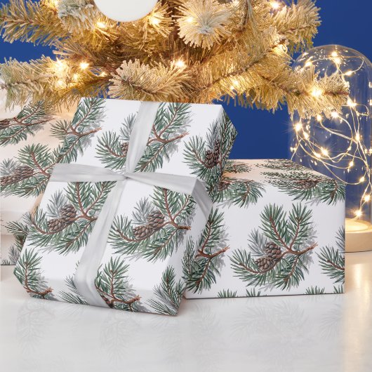 Papier Cadeau Cônes de pin et branches de Noël tendance (Vacances)