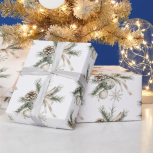 Papier Cadeau Cônes de pin Ornements Vert Crème Noël