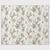 Papier Cadeau Cônes de pin verts cerf Noël (Plat)