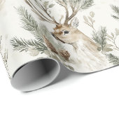 Papier Cadeau Cônes de pin verts cerf Noël (Coin rond)