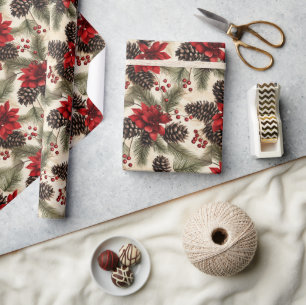 Papier Cadeau Cônes et branches vintages de pin avec poinsettia