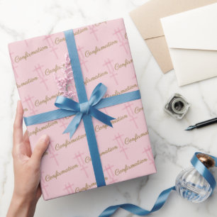 Papier Cadeau Confirmation Croix Rose Aquarelle