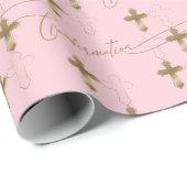 Papier Cadeau Confirmation de script Croix d'Or Rose (Coin rond)
