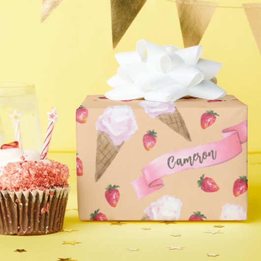 Papier Cadeau Conne de crème glacée de fraise Brown Kraft (Fête d'anniversaire)