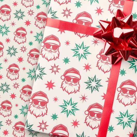 Papier Cadeau Cool Père Noël rétro crème verte pâle rouge Noël