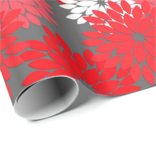Papier Cadeau Copie florale moderne de kimono, rouge et gris de
