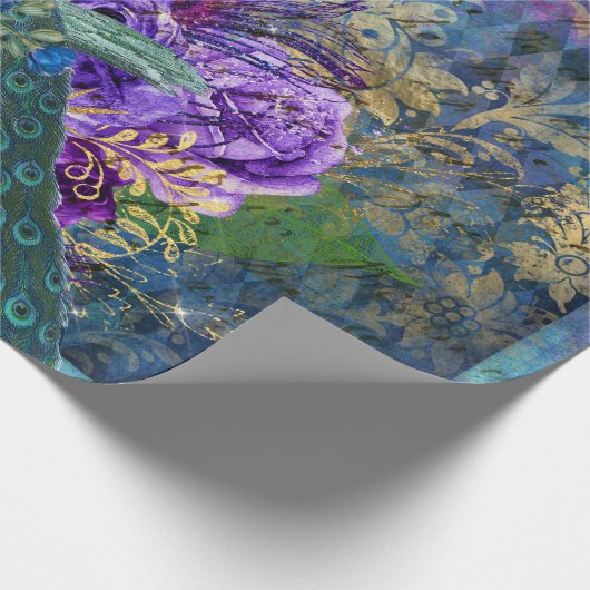 Papier Cadeau Coq couronné sur la flore violette bleue (Coin)