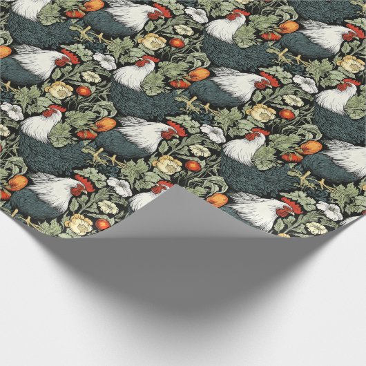 Papier Cadeau Coq dans le Jardin Vert William Morris Style (Coin)