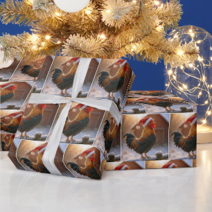 Papier Cadeau Coq de Noël chantant sur une clôture enneigée