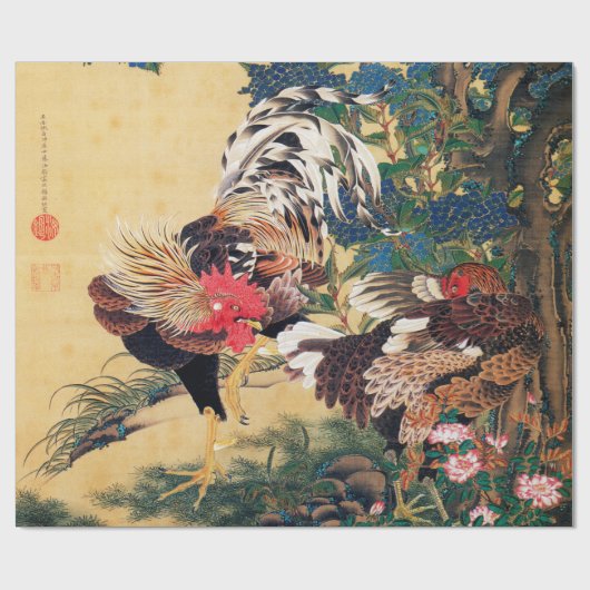 Papier Cadeau Coq et Hen avec Hydrangeas par Ito Jakuchu (Plat)