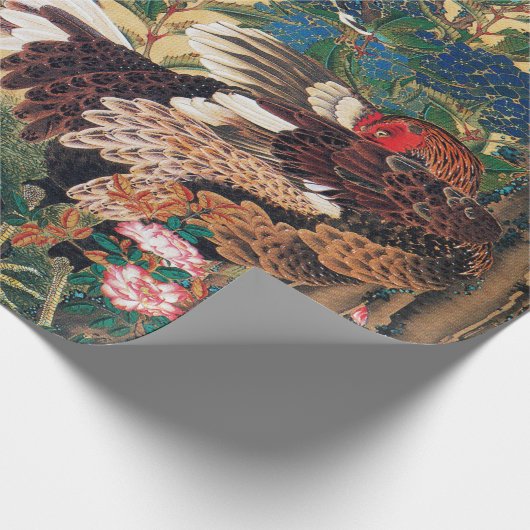Papier Cadeau Coq et Hen avec Hydrangeas par Ito Jakuchu (Coin)