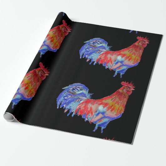 Papier Cadeau Coq rouge poulet poulet Rooster Watercolor Wrapper (Déroulé)