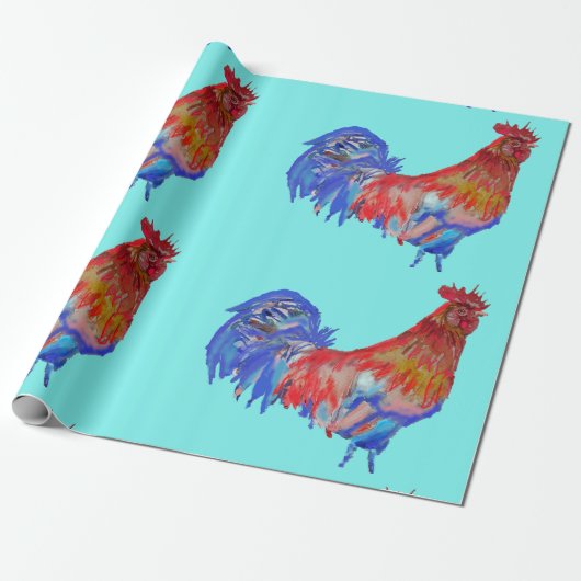 Papier Cadeau Coq rouge poulet poulet Rooster Watercolor Wrapper (Déroulé)