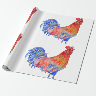 Papier Cadeau Coq rouge poulet Rooster Watercolor Wrapper W