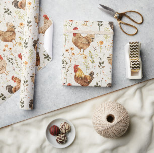 Papier Cadeau Coqs de ferme Poules Fleurs