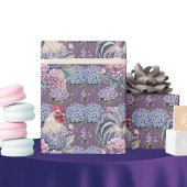 Papier Cadeau Coqs et Hydrangeas Bleu Violet Gris Maison de Camp