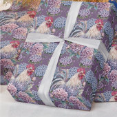 Papier Cadeau Coqs et Hydrangeas Bleu Violet Gris Maison de Camp