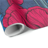 Papier Cadeau Coquelicots rouges et fleurs bleues sur bleu (Coin rond)