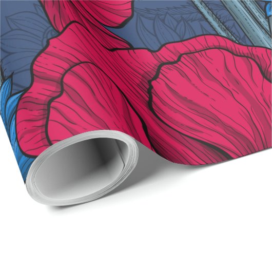 Papier Cadeau Coquelicots rouges et fleurs bleues sur bleu (Coin rond)