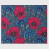 Papier Cadeau Coquelicots rouges et fleurs bleues sur bleu (Plat)