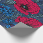 Papier Cadeau Coquelicots rouges et fleurs bleues sur bleu (Coin)