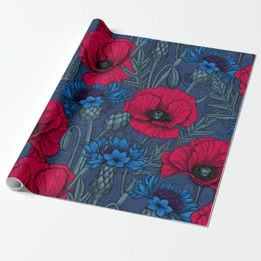 Papier Cadeau Coquelicots rouges et fleurs bleues sur bleu (Déroulé)