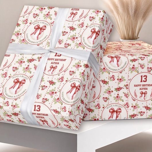Papier Cadeau Coquette Baseball Bow Floral Nom de la fille Anniv