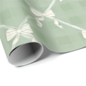 Papier Cadeau Coquette Bows Gingham Pattern Cream Sage Green  (Coin rond)