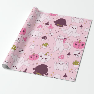 Papier Cadeau coquette rose halloween sorcier chat fantôme crâne
