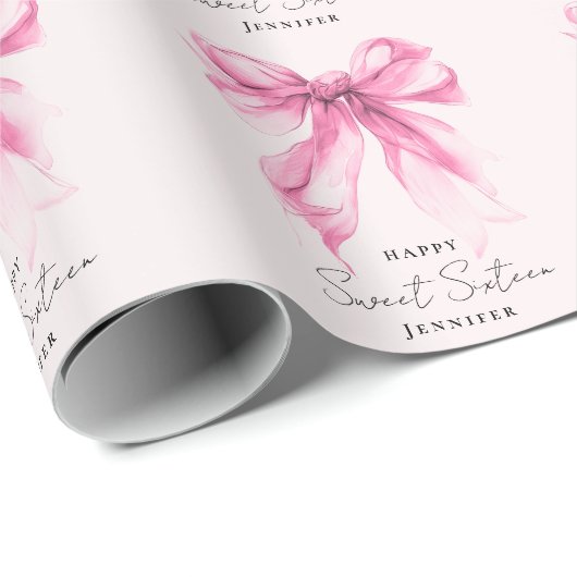 Papier Cadeau Coquette Script Rose Bow Sweet 16 Fête Blush (Coin rond)