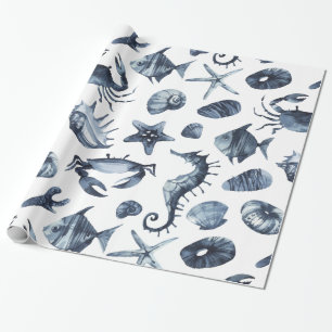 Papier Cadeau Coquillage bleu nautique moderne d'hippocampe