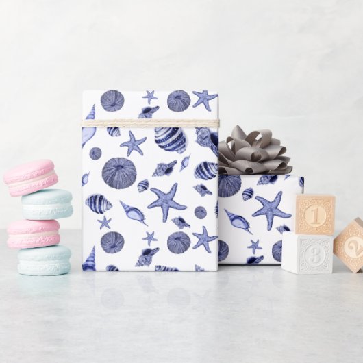 Papier Cadeau Coquillages bleus et blancs (Baby Shower)