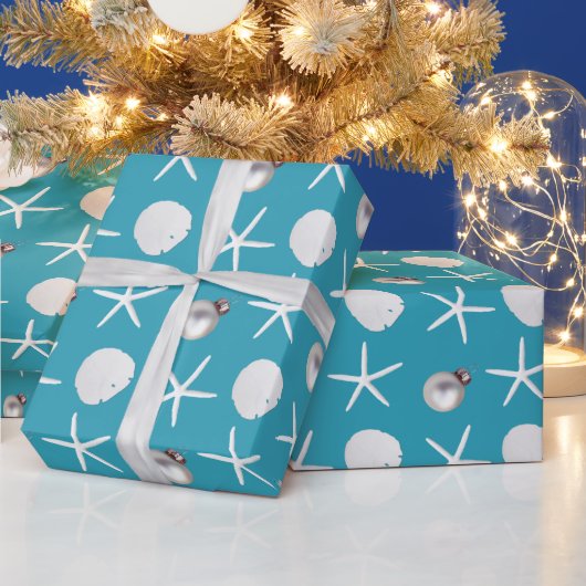 Papier cadeau coquillages de plage tropicale bleu (Vacances)