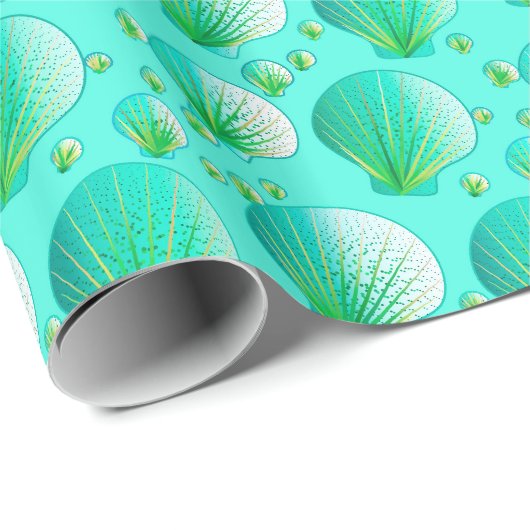 Papier Cadeau Coquillages verts de Seafoam sur l'aqua (Coin rond)
