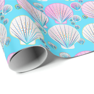 Papier Cadeau Coquilles de mer rose et blanche sur la turquoise