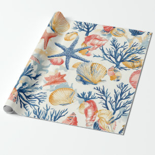 Papier Cadeau Coquilles océaniques pastel avec brindilles de cor