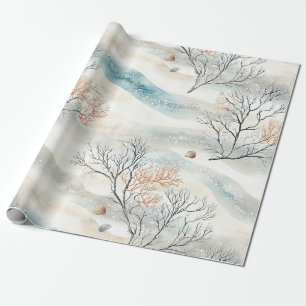Papier Cadeau Corail à l'aquarelle texturée en orange et bleu ar