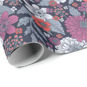 Papier Cadeau Corail, Magenta et Zinnias bleu (Coin rond)