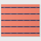 Papier Cadeau Corail solide, Marine Blue Ribbon Nom Monogramme (Plat)