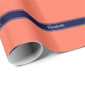 Papier Cadeau Corail solide, Marine Blue Ribbon Nom Monogramme (Coin rond)
