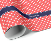 Papier Cadeau Coral Red, What Pois Marine Nom bleu Monogramme (Coin rond)