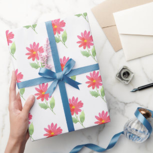 Papier Cadeau Coral rose aquarelle Motif marguerite