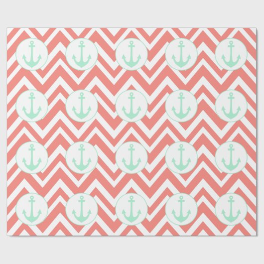 Papier Cadeau Coral rose et blanc Chevron avec Mint Nautical (Plat)