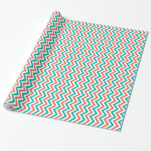 Papier Cadeau Coral, Teal, White Large Chevron Zig Zag (Déroulé)