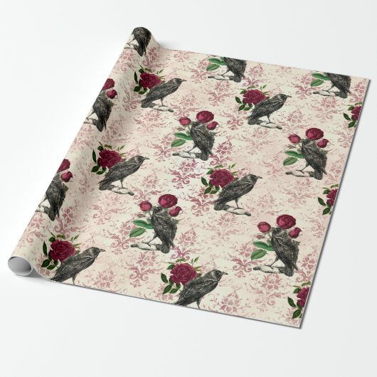 Papier Cadeau Corbeau et Damas Rose (Déroulé)