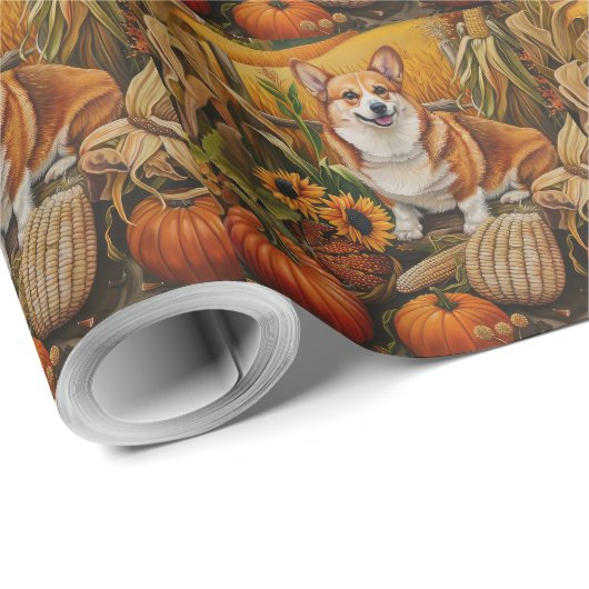 Papier Cadeau Corgi Chien Moisson Automne Thanksgiving (Coin rond)