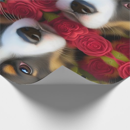 Papier Cadeau Corgi Chiot en roses rouges Papier Tissu (Coin)