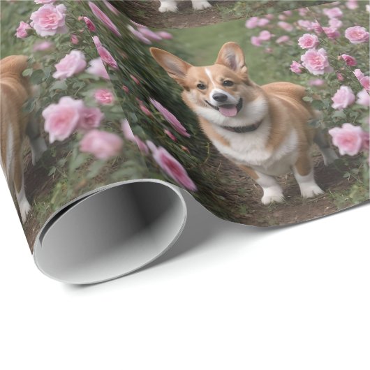Papier Cadeau Corgi Dans Les Roses Rose, (Coin rond)