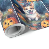 Papier Cadeau Corgi d'Halloween avec la peur Citrouille (Coin rond)
