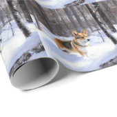 Papier Cadeau Corgi laisse neiger Noël (Coin rond)